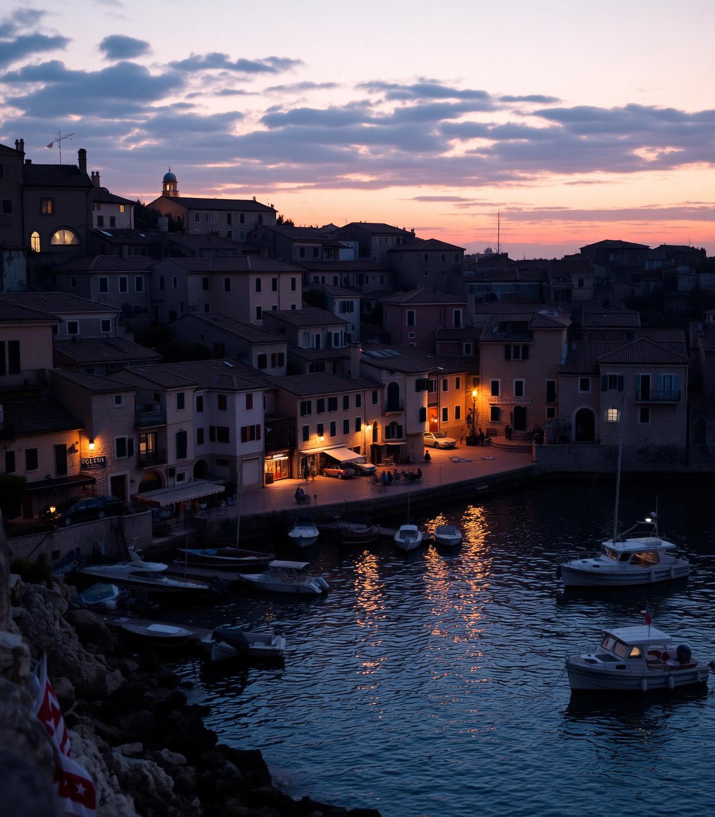 A softly-lit Mediterranean harbour town at dusk, small boats moored in a stone-walled bay