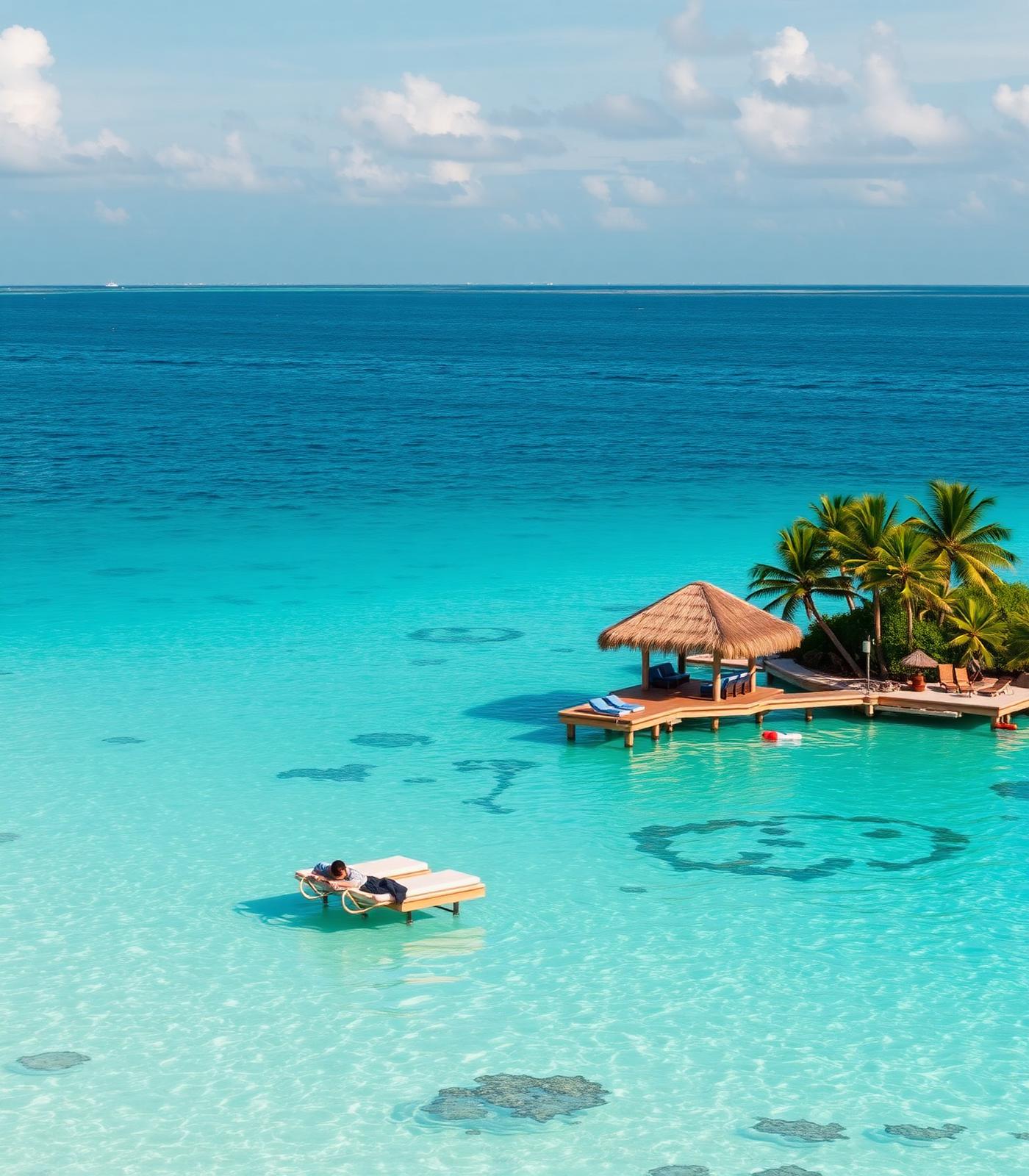 A private Caribbean island cove with turquoise shallows and a floating cabana