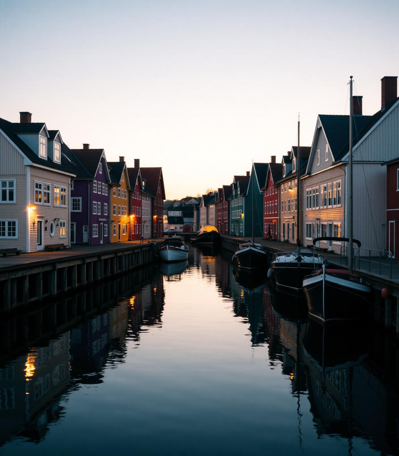 A colourful Nordic harbour town at golden hour, calm quayside reflections in the water