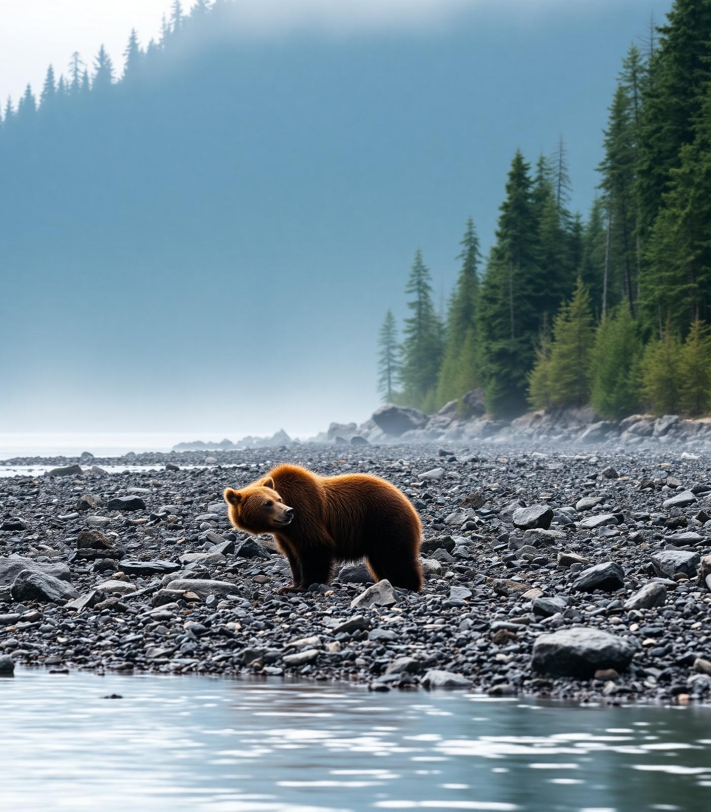 A brown bear on the rocky shoreline of an Alaskan inlet, mist rising over the forest behind
